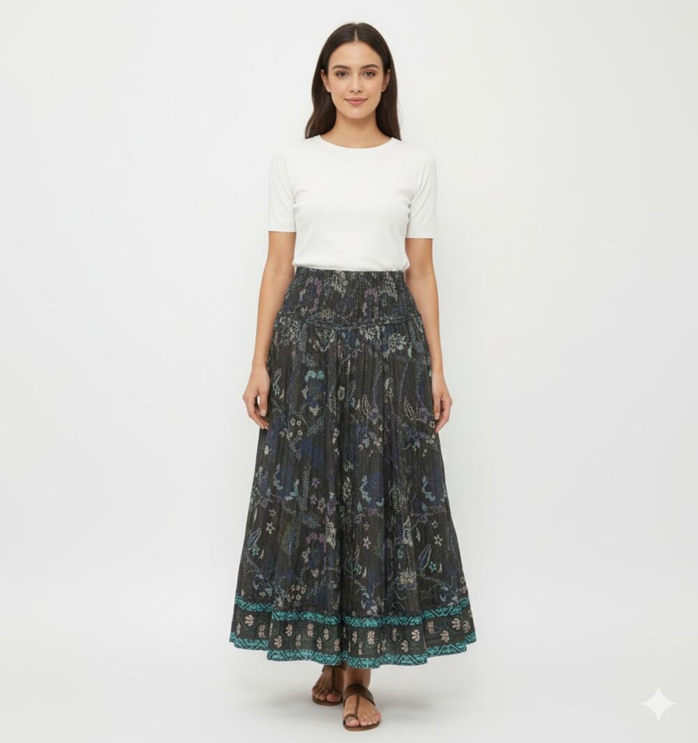 Maria Cher Black Blue Abstract Metallic Maxi Skirt 100% Cotton Women size Large